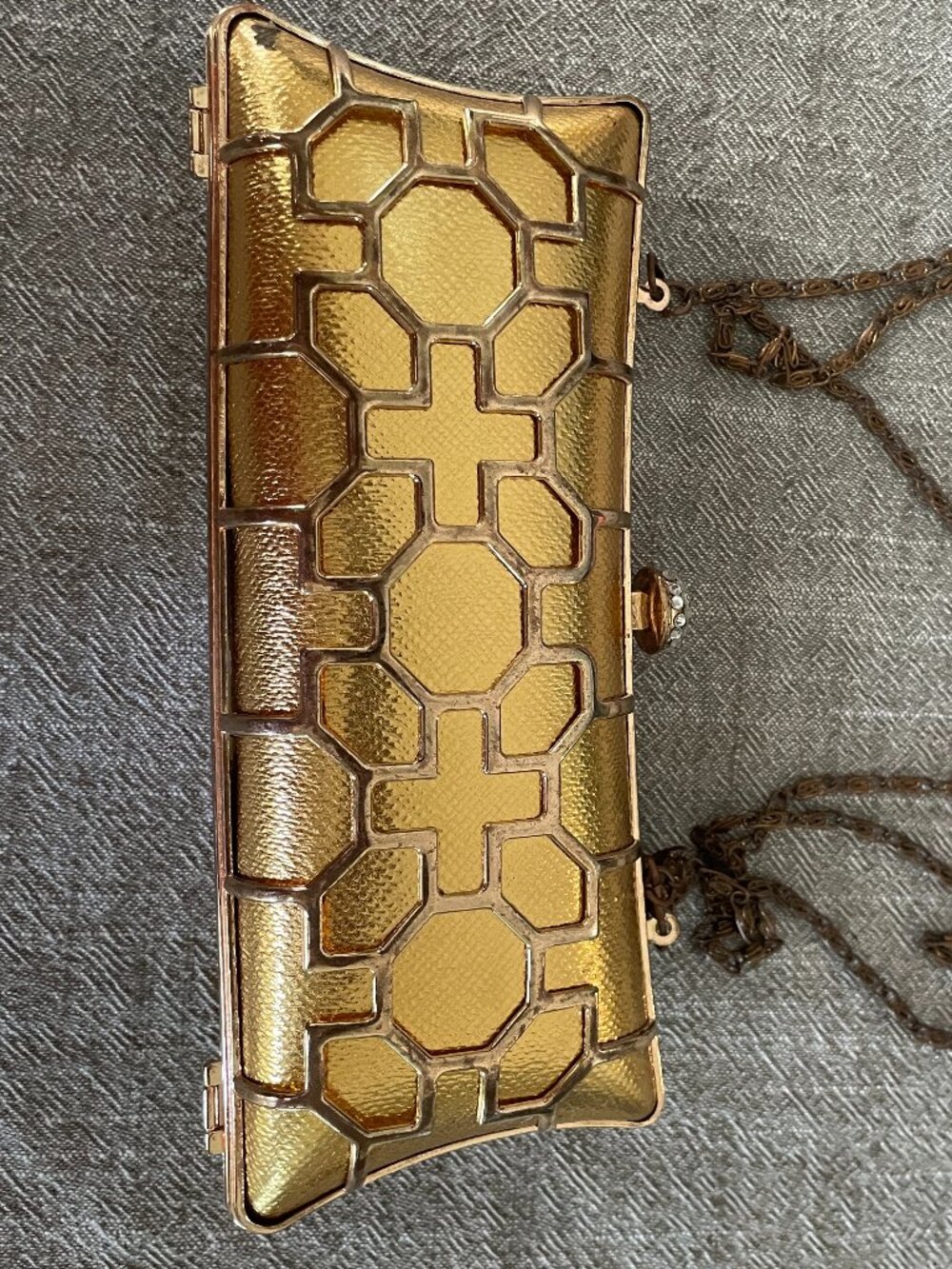 Vintage Gold Clutch Purse Bag with Strap 8.5" x 3" Press Open Clasp!